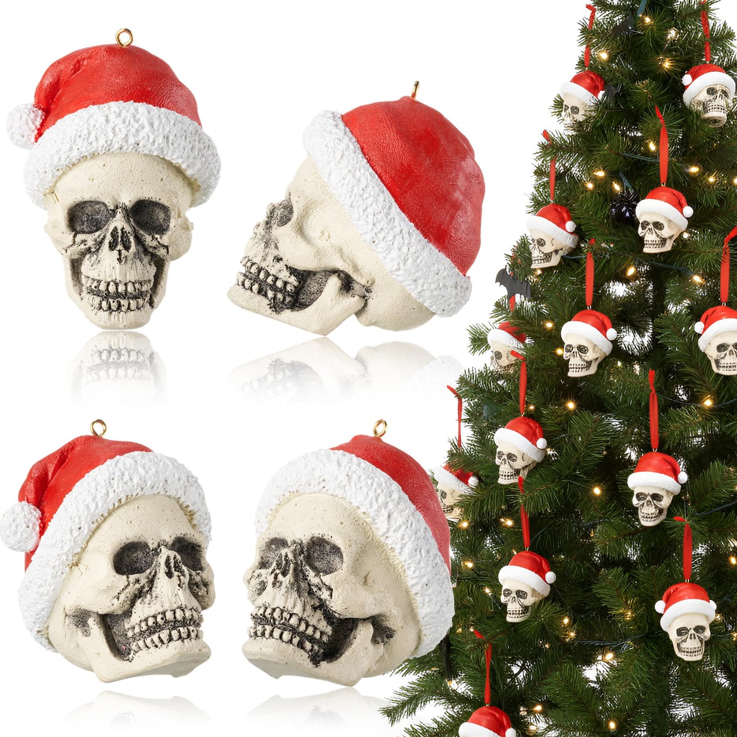 4 Pcs Skull Christmas Tree Ornament 2.6'' Christmas Gothic Decorations Resin Santa Ornament Xmas Mini Skeleton Head Decor Gift for Xmas Tree Holiday Party Supplies