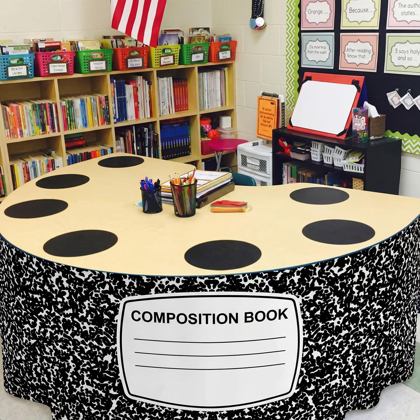 Windkream 14 ft Composition Book Table Skirt for Teacher Desk Rectangular Tablecloth Skirt Polyester Classroom Tableskirt for Teacher Preschool Decorations Back to School Party Supplies