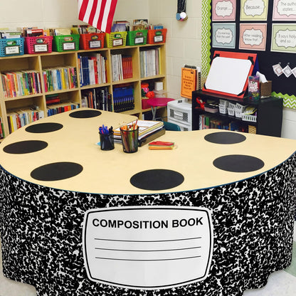Windkream 14 ft Composition Book Table Skirt for Teacher Desk Rectangular Tablecloth Skirt Polyester Classroom Tableskirt for Teacher Preschool Decorations Back to School Party Supplies