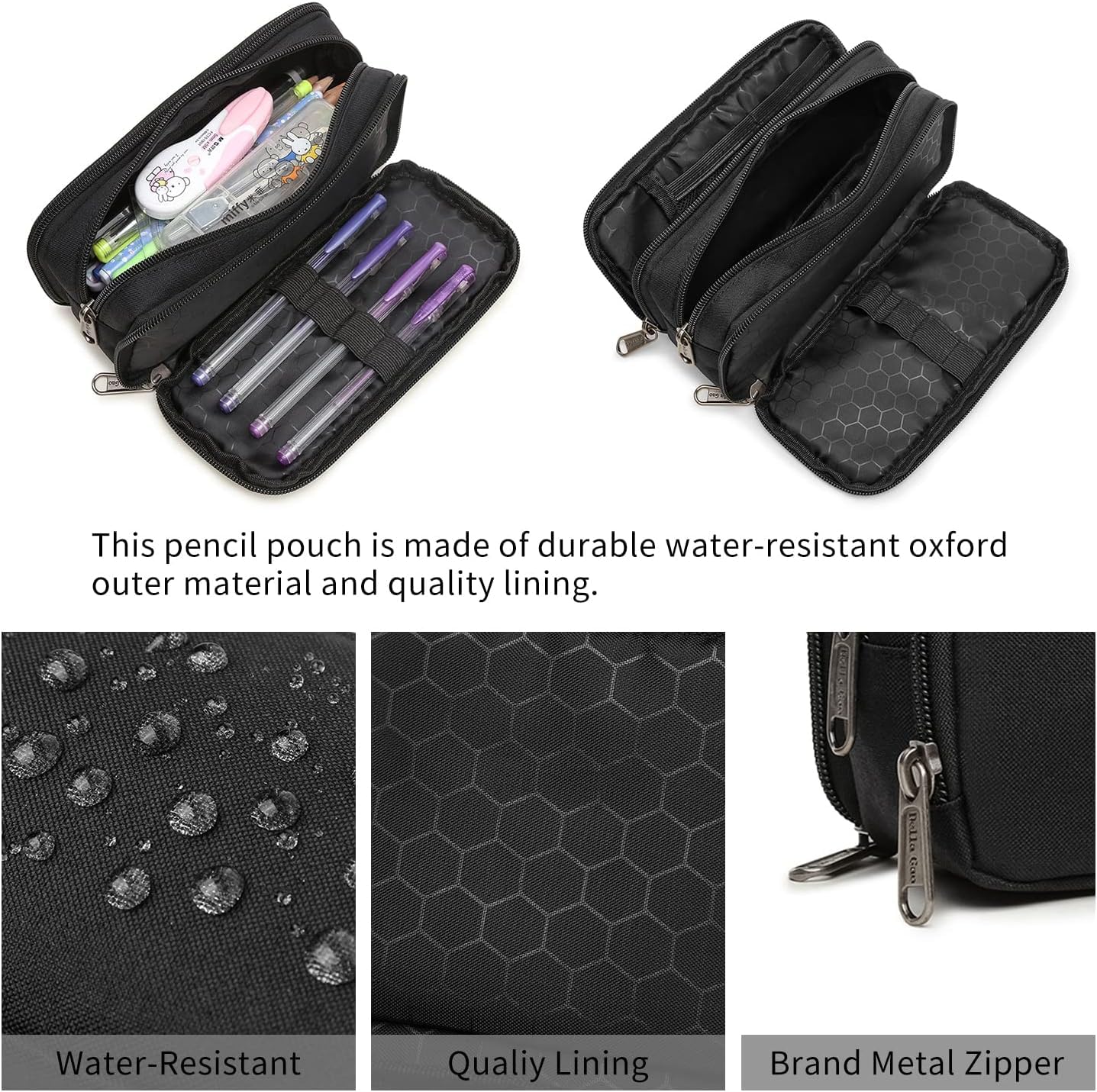 Della Gao Large Capacity Pencil Case, Aesthetic Pencil Pouch with 3 Compartments Nylon Storage Pen Bag Office Stationery Organizer for Women and Men(01-3BK)
