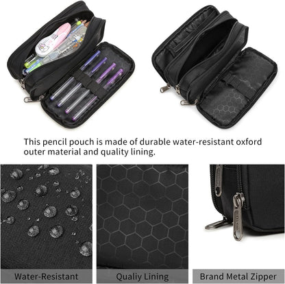 Della Gao Large Capacity Pencil Case, Aesthetic Pencil Pouch with 3 Compartments Nylon Storage Pen Bag Office Stationery Organizer for Women and Men(01-3BK)