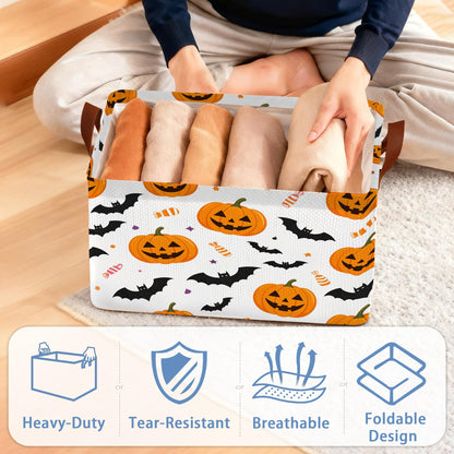 Masarua Halloween Pumpkin Bat Storage Baskets,Candy Foldable Organizer Bin with Handles for Home Living Room Bedroom Closet Box 17x11.5x10Inch