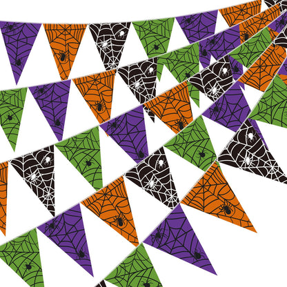 Jetec 5 Pieces 49 Feet Halloween Spider Web Pennant Banner Decorations Black Purple Orange and Green Spooky Spiderweb Triangle Flags Bunting Banners for Halloween Party Decor Indoor Outdoor Supplies