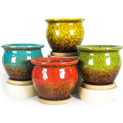 ARTKETTY Succulent Pots - 4 Pack Small Plant Pots with Drainage Tray, 4.5 Inch Ceramic Pots for Indoor Succulent Plants Colorful Cactus Flower Planters Birthday Gifts for Women