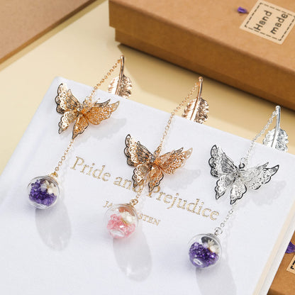 Vintage-Style Metal Feather Bookmark with Butterfly Charm Mothers Day Gifts