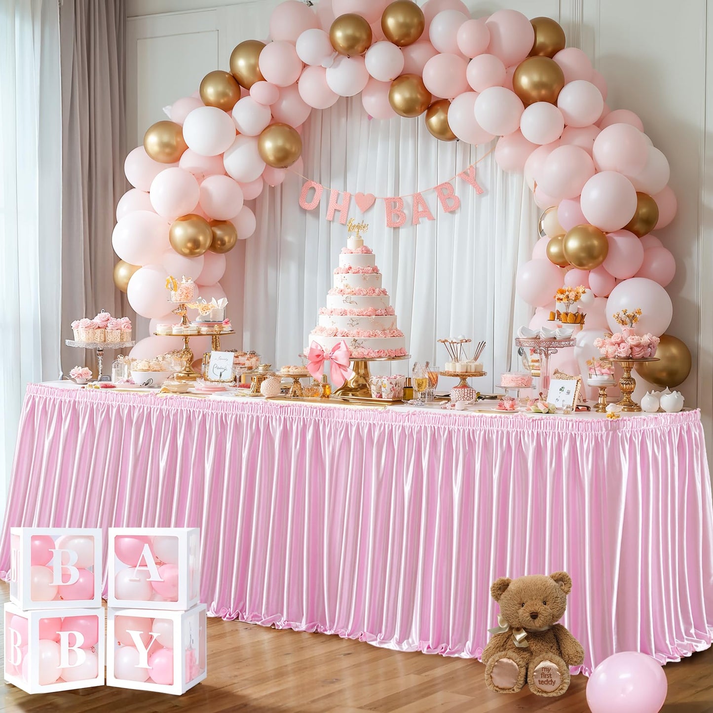 Wish Care 6ft Pink Satin Table Skirt for Rectangle Tables Wrinkle Free Glitter Desk Skirts Pleated Ruffle Table Cloth for Girls Birthday Baby Shower Theme Party Wedding Cake Table Skirting Decorations