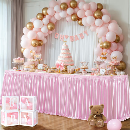 Wish Care 6ft Pink Satin Table Skirt for Rectangle Tables Wrinkle Free Glitter Desk Skirts Pleated Ruffle Table Cloth for Girls Birthday Baby Shower Theme Party Wedding Cake Table Skirting Decorations