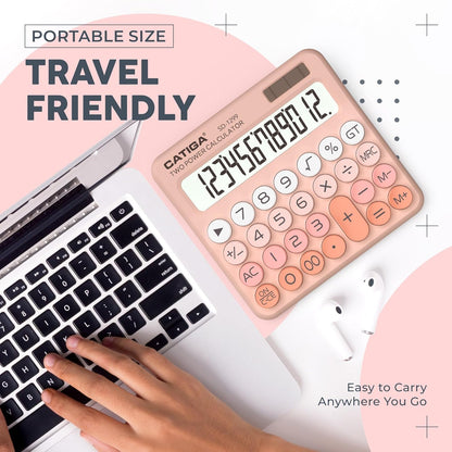 CATIGA Mechanical Switch Calculator with Solar and Battery Dual Power, 12-Digit Large LCD Display, Aesthetic and Cute Desktop Calculator with Big Button, for Home, School and Office Use, SD-1299