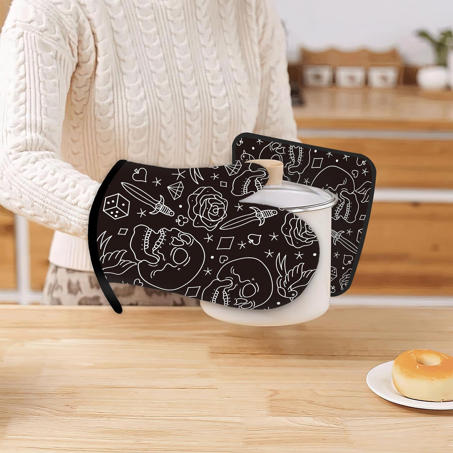 Skull Head with Rose Oven Mitts and Pot Holders Kitchen Cooking Gloves 2 Pcs Set Heat Resistant Pad for Baking BBQ Home Decor