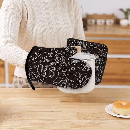 Skull Head with Rose Oven Mitts and Pot Holders Kitchen Cooking Gloves 2 Pcs Set Heat Resistant Pad for Baking BBQ Home Decor
