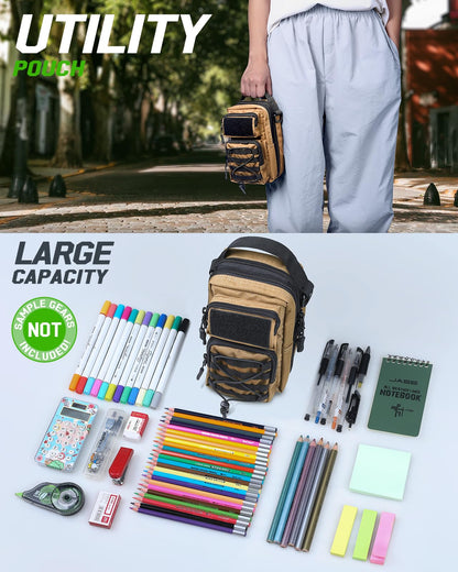 RXW Large Capacity Pencil Pouch for Boys, Tactical EDC Zippered Pencil Bag, Small Tool Pouch for Adults (includes US Flag Patch + 2 MOLLE Straps) (Coyote Brown)