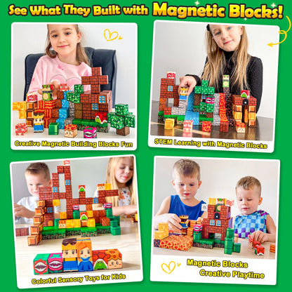 100PCS Magnetic Blocks Magnetic Building Blocks Sensory Toys for Kids Ages 3-5 6-8 8-12 Kids Game Toys for 3+ Year Old Boys & Girls, Mine Magnet World Craft 3 4 5 6 7 8 9 Year Old Boy Birthday Gift