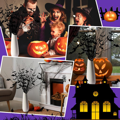 JUNEBRUSHS Curly Willow Branches 29.5 Inch Artificial Bendable Stems Black Branches with 36Pcs Halloween Bat Stickers for Halloween Wreath Home Party Decorations