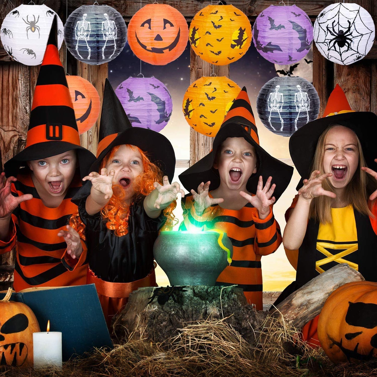 10PCS Halloween Paper Lanterns, Hanging Jack-O'-Lantern Spider Skeleton Pumpkin for Halloween Party Decor, Indoor & Outdoor Spooky Home Decor - 10 Inches