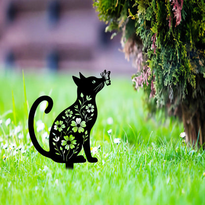Aucizb Metal Cat Garden Stake - Floral Butterfly Black Silhouette Statue Yard Decor Outdoor Cat Patio Art for Yard, Flower Bed, Lawn, Cabin, Farmhouse Pet Lover Unique Gift (Black)