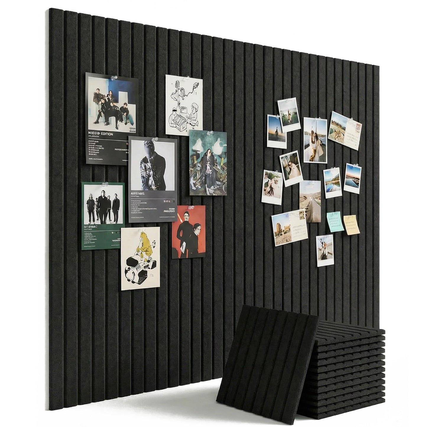 Aothia 12-Pack Felt Bulletin Board Tiles 48"x36", Modular Pin Board for Smooth Walls, Cork Board Alternative for Notes & Photos, 0.35" Thick, 70 Adhesive Tabs & 40 Pins, Black