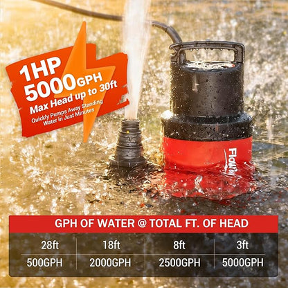 1HP 5000GPH Sump Pump - Clean/Dirty Water Portable Transfer Submersible Pump for Swimming Pool, Garden Pond, Basement with 10ft Power Cord,Remove Water Level Down to 0.2"