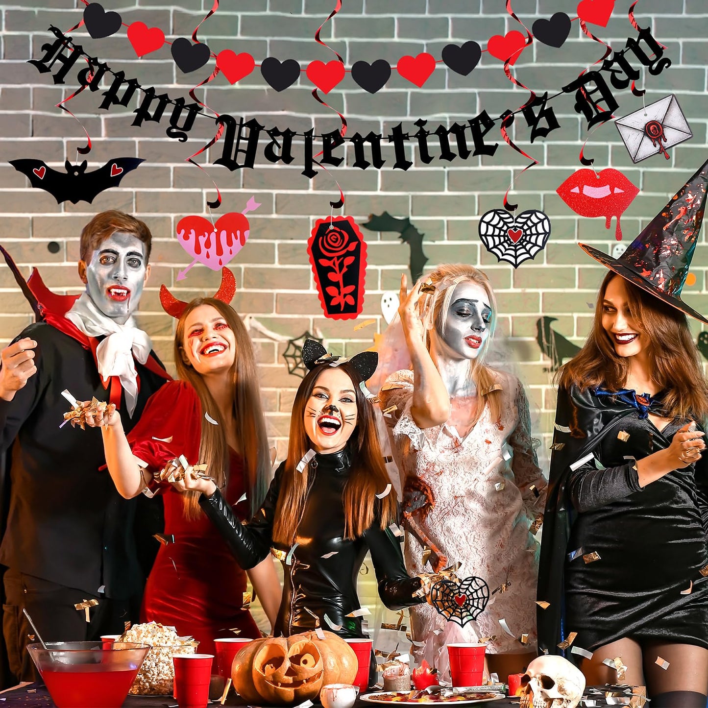 Janinka Gothic Valentines Decor Spooky Goth Valentine Day Decor Black Romantic Gothic Heart Garland Black Bat Theme Banner Garland Pre-assembled Hanging Heart Swirls for Wedding Engagement Anniversary