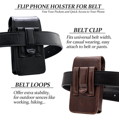 TarbicGear Leather Flip Phone Case with Belt Clip, Pouch for Kyocera & TCL Flip Phone Holster for Belt, Cat S22 Flip Case, Nokia Flip Phones, Sonim XP3 Plus Magnetic Phone Pouch, Brown Color