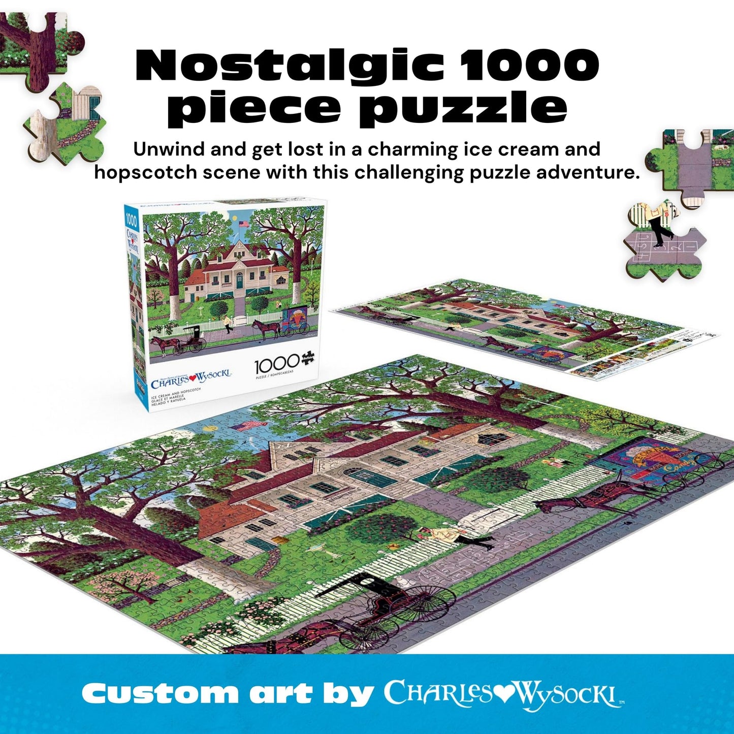 Buffalo Games Charles Wysocki - Ice Cream & Hopscotch - 1000 Piece Jigsaw Puzzle - 26.75 x 19.75 in, Bonus Poster - Adult Jigsaws - Recycled Board - 1000 Piece Puzzle for Adults