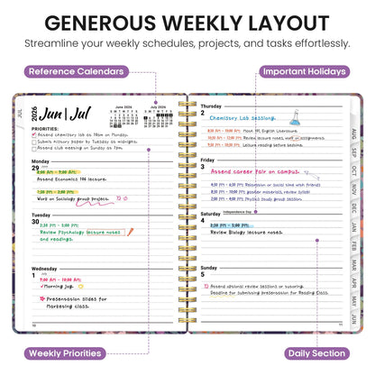 Planner 2026-2027, Academic Year Weekly and Monthly Calender Planner, from Jul 2026 - Jun 2027, Spiral Bound School Planning Book, Perfect for Teacher, Student, Women & Men, A4 (8.5" x 11"), Lavendar Floral