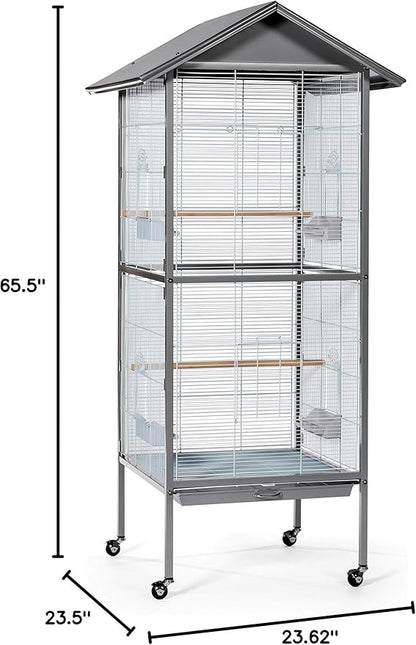 Prevue Pet Products Aviary Large Flight Cage - Powder‑Coated Standing Metal Bird Cage with Wheels, Perches, Feeders & Removable Tray, Ideal for Parakeets, Cockatiels, Canaries & Small Birds - Grey