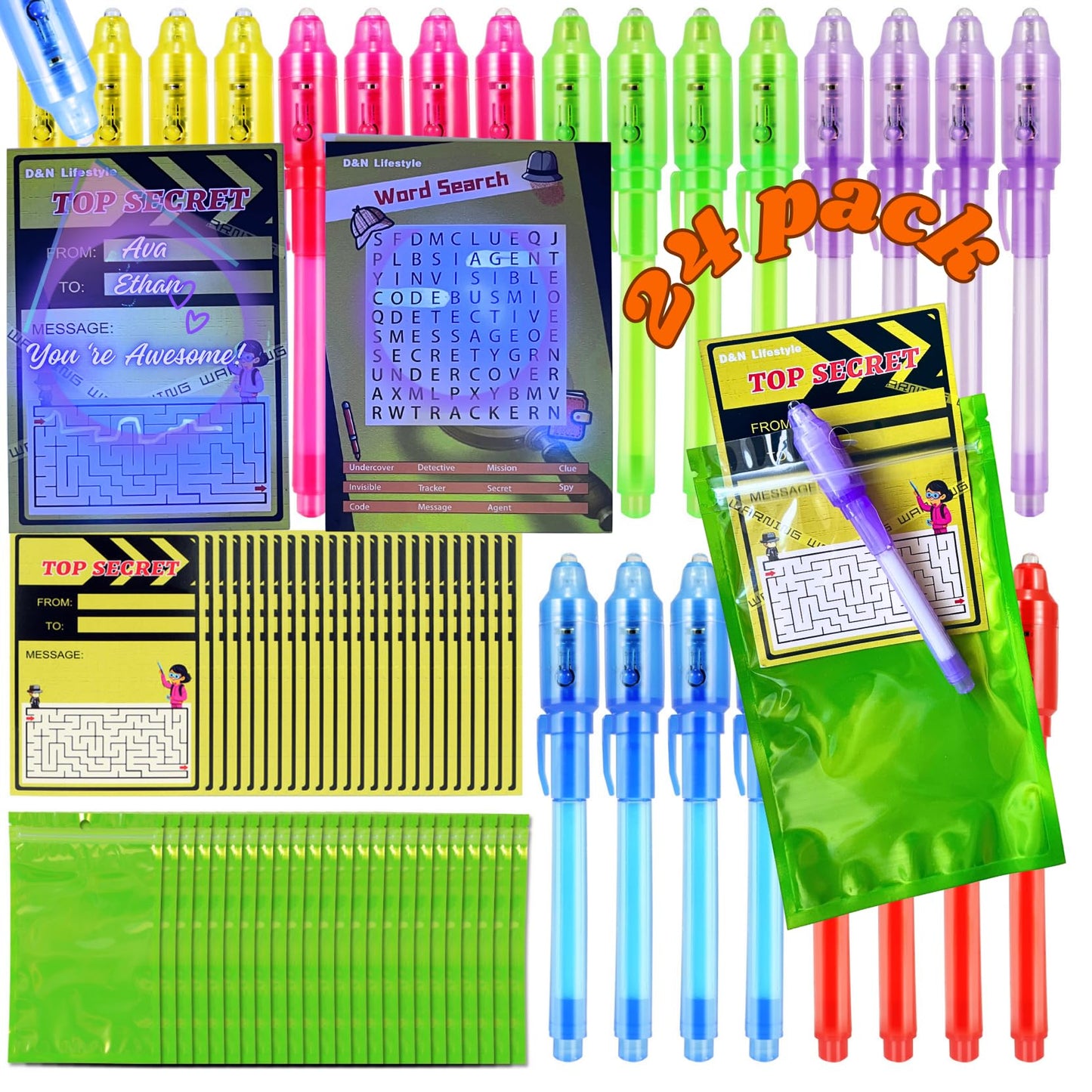 D&N Lifestyle Invisible Ink Pens for Kids, 24 Pack UV Secret Message Pens with Word Search & Maze Cards and Gift Bags, End of School Year Gifts for Students, Party Favors, Goodie Bag Stuffers