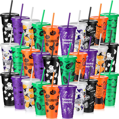 Chuangdi 30 Pack Halloween Plastic Tumbler with Lids and Straws Reusable Plastic Cups Spooky Cups Bulk for Kids Adults Halloween Party Birthday Supplies (24 oz,Ghost)