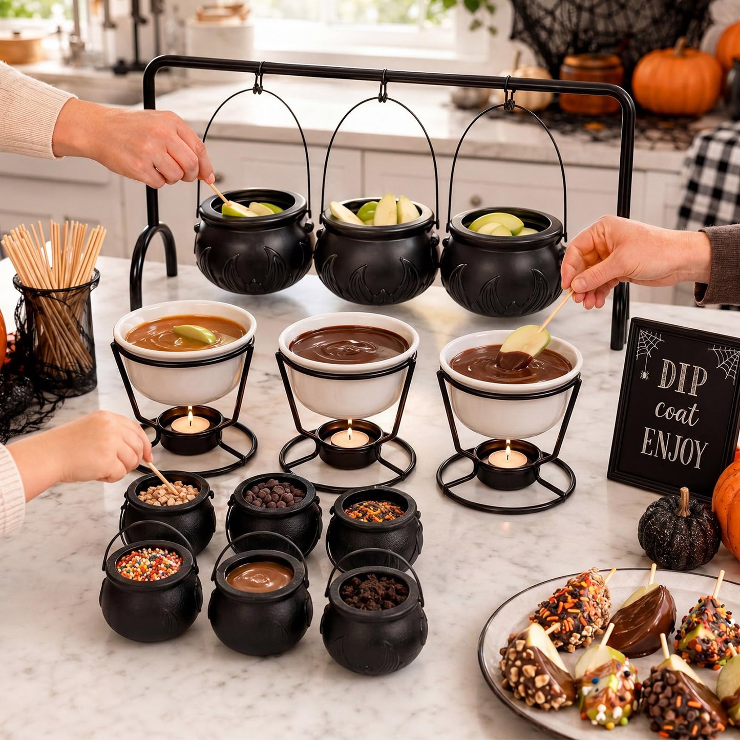 SiliFine 15pcs Halloween Party Decorations DIY Caramel Apple Dipping Bar Set 3 Witches Cauldron Serving Bowls on Rack, Ceramic Cups, Black Cauldrons, Bamboo Picks Witchy Table Decor for Holiday
