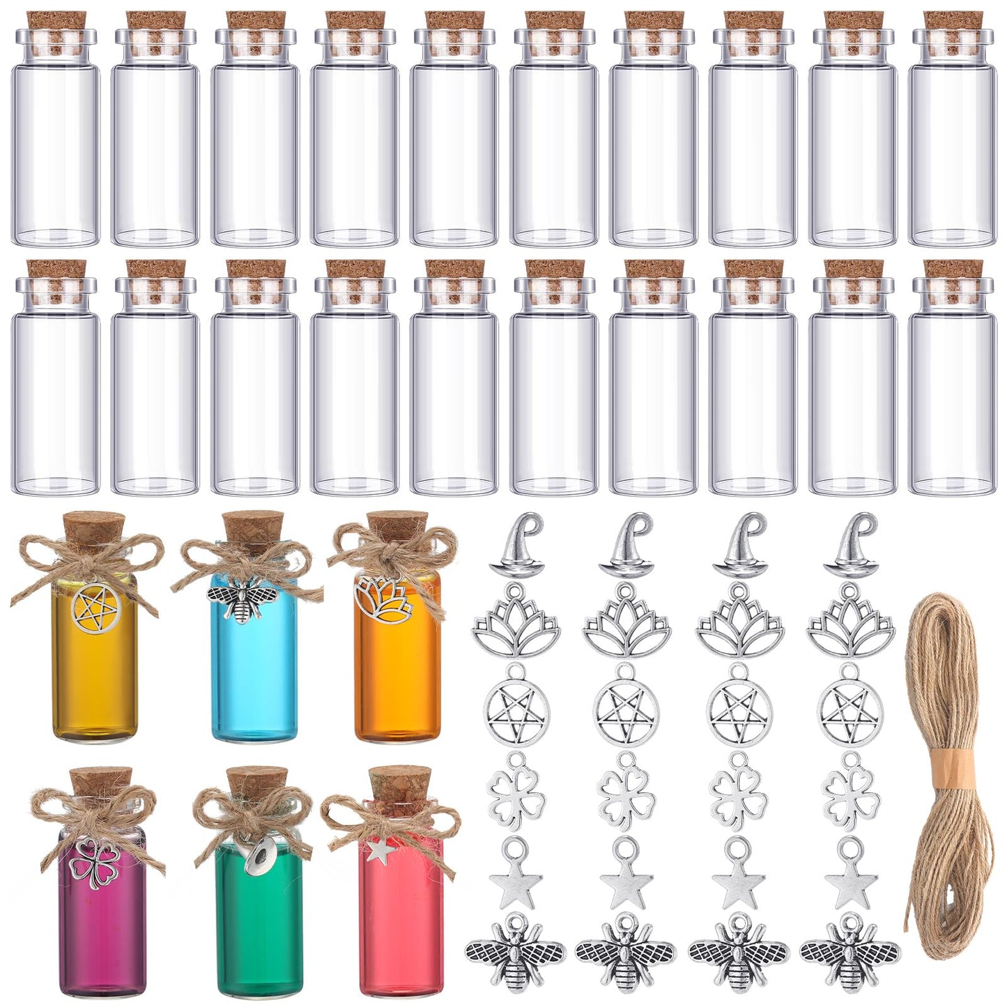 LemonRoad 24 Pcs Spell Jars for Witchcraft Small Tiny Glass Spell Potion Bottles with Cork and 24 Pendants Witchcraft Supplies Gifts Wishing Bottles with Rope for DIY Crafts