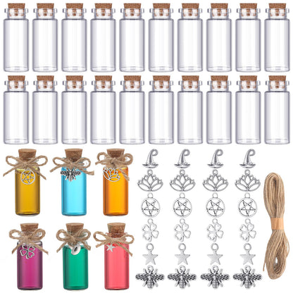 LemonRoad 24 Pcs Spell Jars for Witchcraft Small Tiny Glass Spell Potion Bottles with Cork and 24 Pendants Witchcraft Supplies Gifts Wishing Bottles with Rope for DIY Crafts