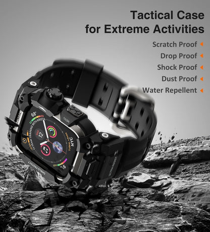 ULTIMAL Rugged Case with Band for Apple Watch 44mm,Compatible with Apple Watch Series SE 3/SE 2/SE Generation/6/5/4, Military Grade Shockproof Bumper Cover for iWatch Tactical Band Men (Black, 44mm)