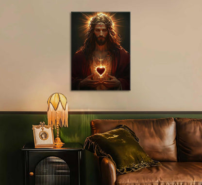 Sacred Heart of Jesus Canvas Wall Art Religious Christian Poster Print Christ Jesus Portrait Picture Wall Decor Catholic Faith Painting for Bedroom Living Room Prayer Room Church Framed