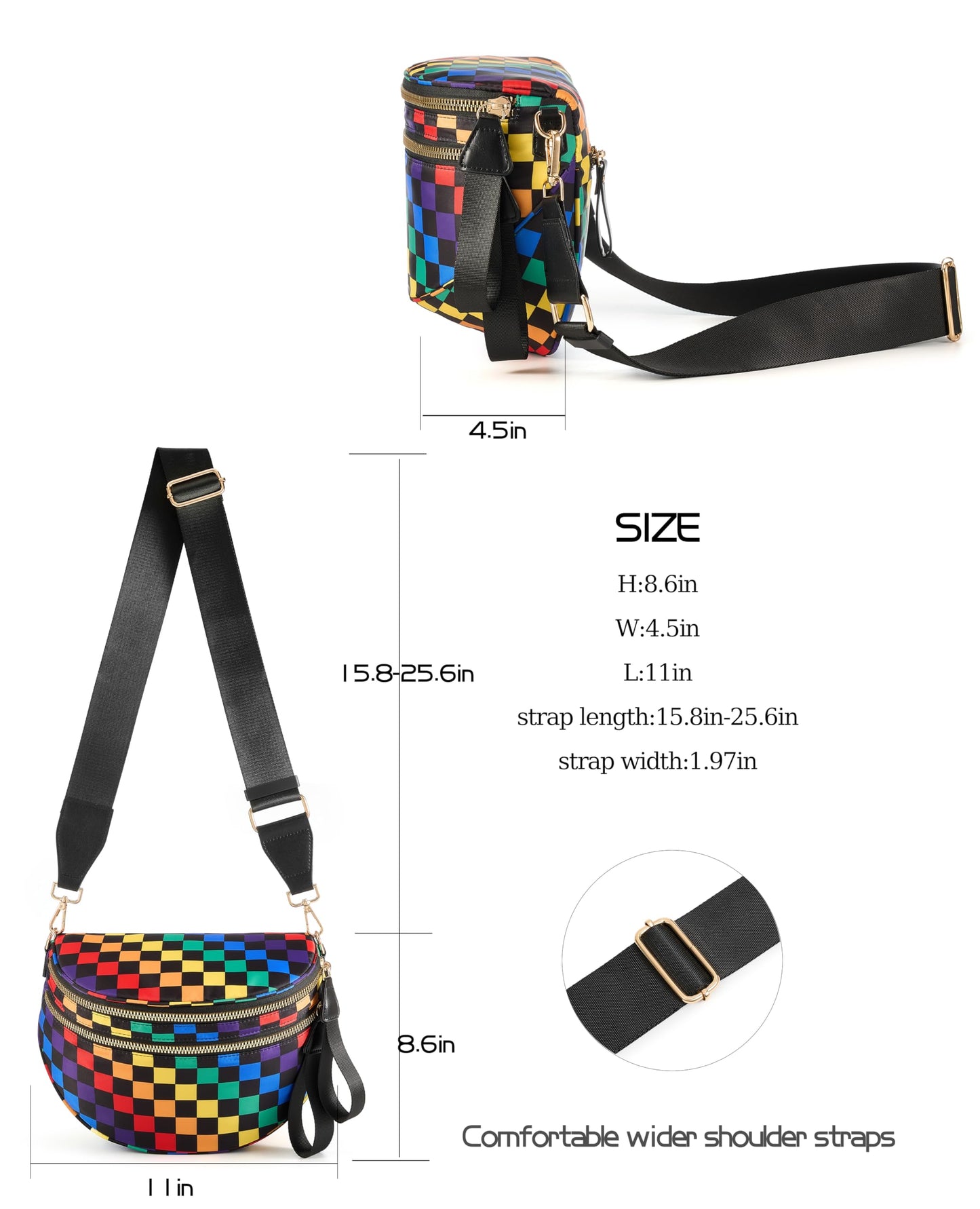 Spacious Checkered Nylon Crossbody Bag Bum Bag Checkered Handbags Wallets for Women