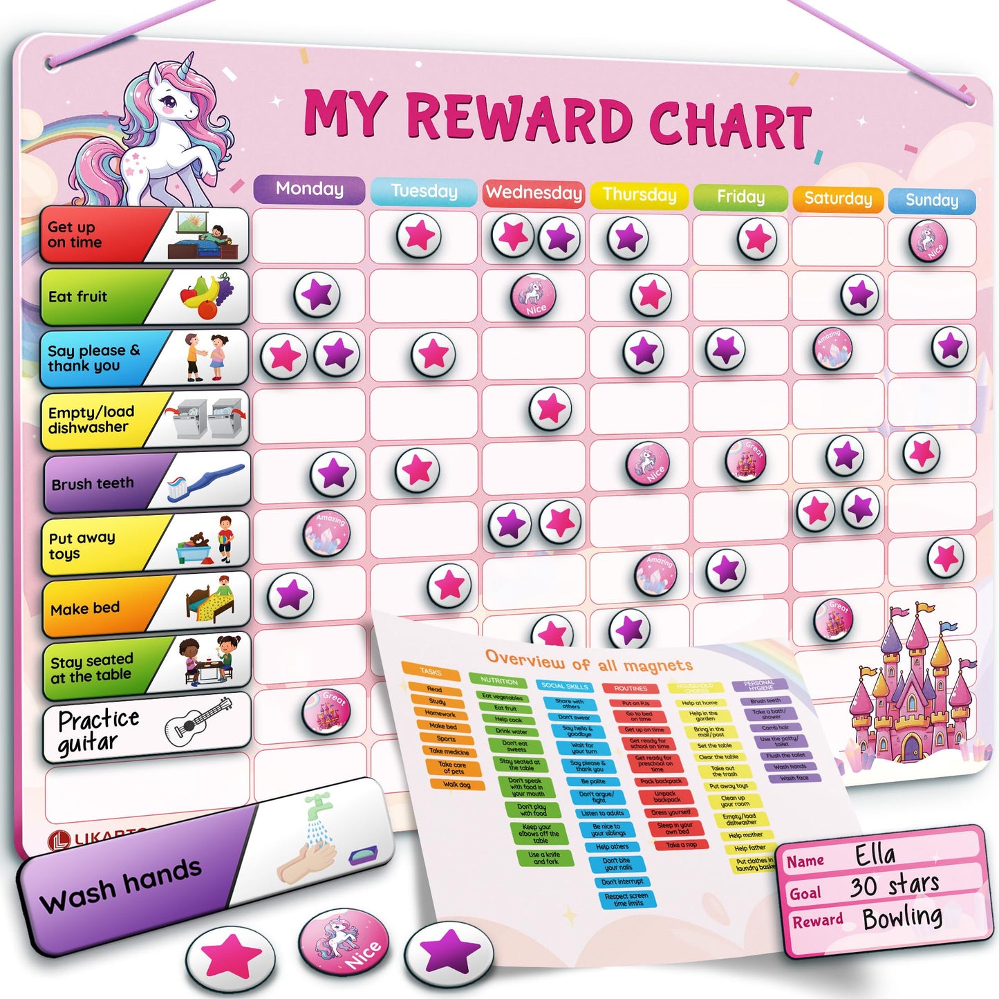 LIKARTO Magnetic Reward Chart for Kids with 280 Magnets - Behavior Chart for Kids at Home - Responsibility Reward Chart - Chore Chart - Visual Schedule - Ideal for Ages 3-9, Autism, ADHD - Pink