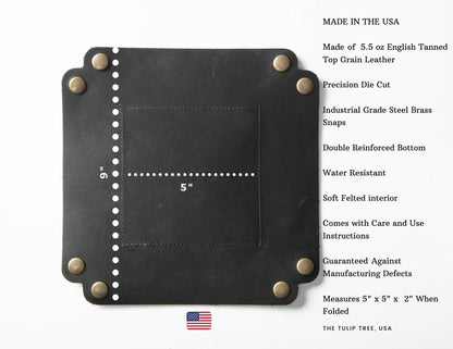USA Handmade Premium Leather Valet Tray, Folds Flat! Dice Rolling Basket and Organizer with Brass Snaps - for Keys, Jewelry, Coin, EDC, Watch Storage Caddy - Black Medium