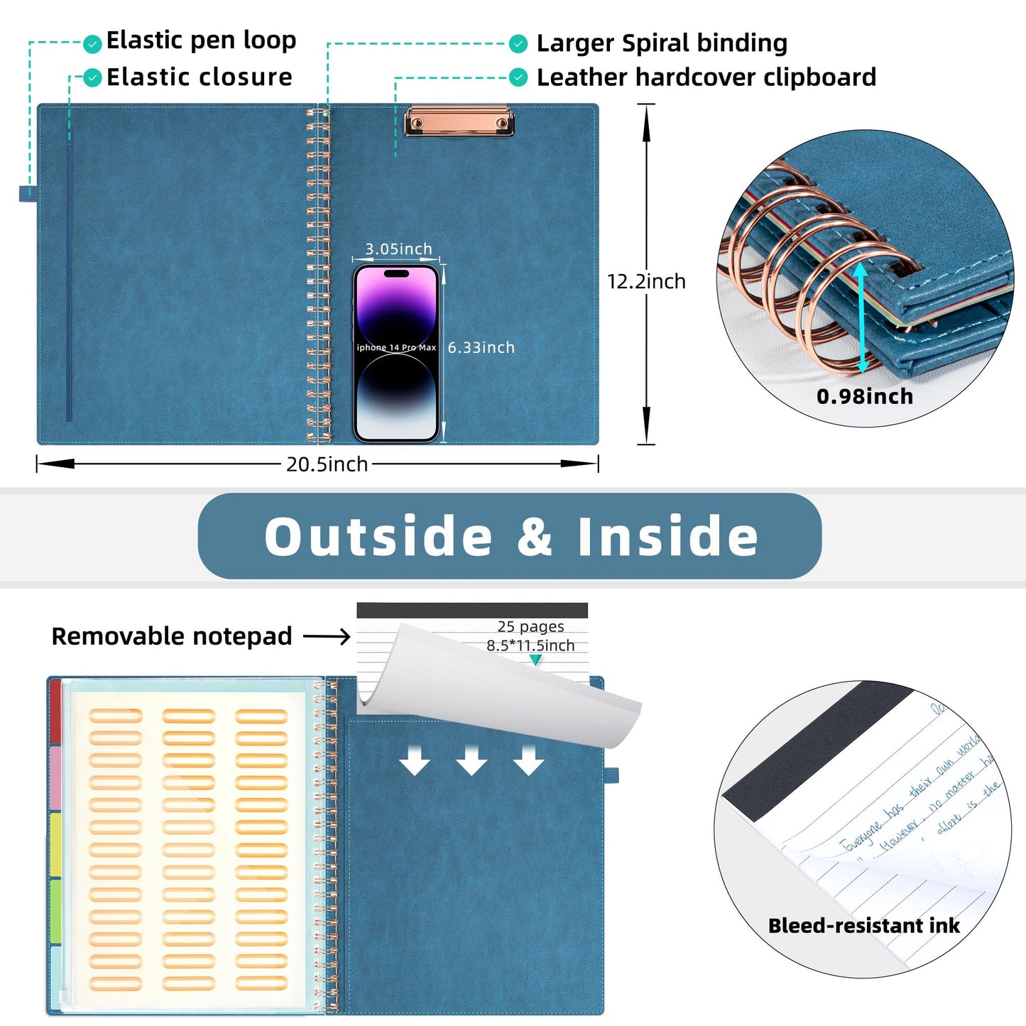 Ospelelf Foldable Spiral Clipboard Folio with with Storage Zipper Pouch, 5 Plastic Folders with 10 Pockets, Leather Clipboard Folder with Notepad, 39 Divider Label Stickers (Hazy Blue)