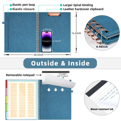 Ospelelf Foldable Spiral Clipboard Folio with with Storage Zipper Pouch, 5 Plastic Folders with 10 Pockets, Leather Clipboard Folder with Notepad, 39 Divider Label Stickers (Hazy Blue)