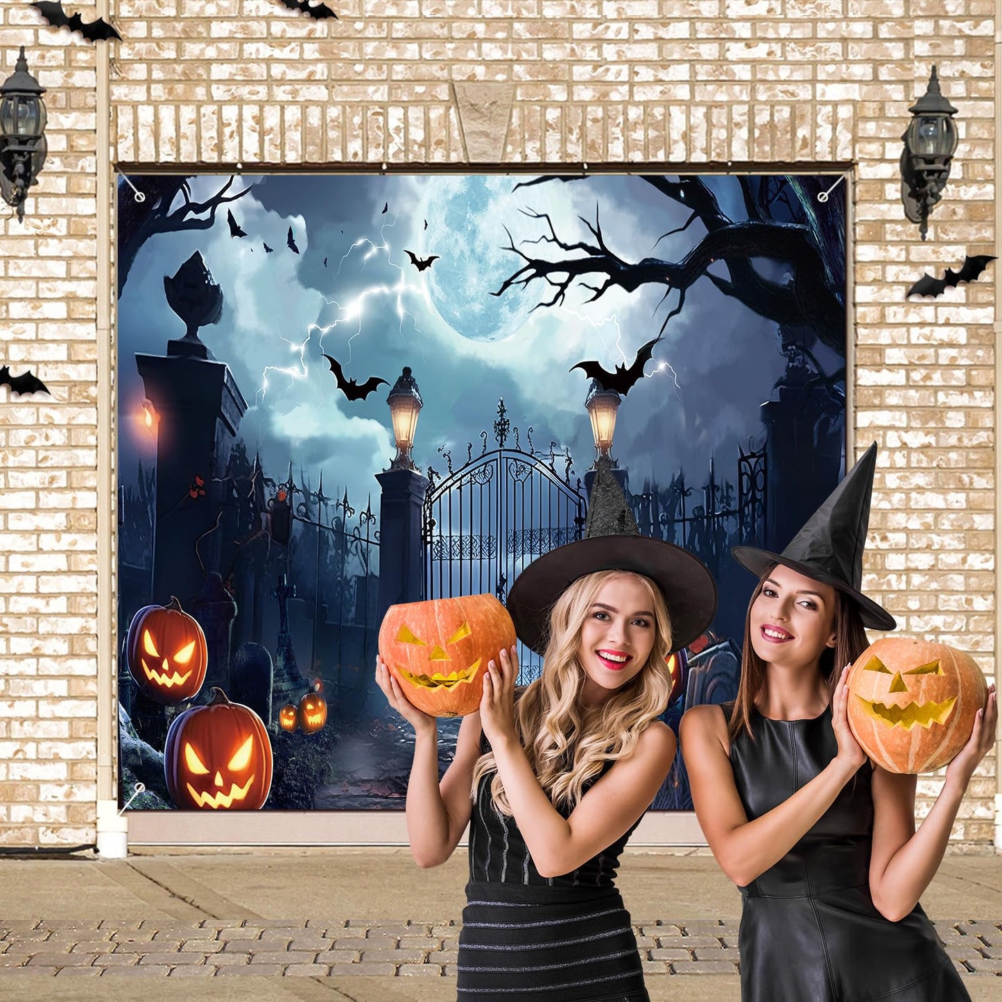 Preboun Halloween Garage Door Banner Large Hanging Backdrop Door Cover Halloween Garage Wall Decorations for Outdoor Holiday (7 x 8 ft)