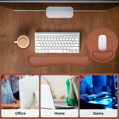 MOSISO Wrist Rest Support for Mouse Pad & Keyboard Set, Ergonomic PU Leather Keyboard and Mousepad with Wrist Rest&Coaster Non-Slip Base Home/Office Easy Typing Cushion with Raised Memory Foam, Brown