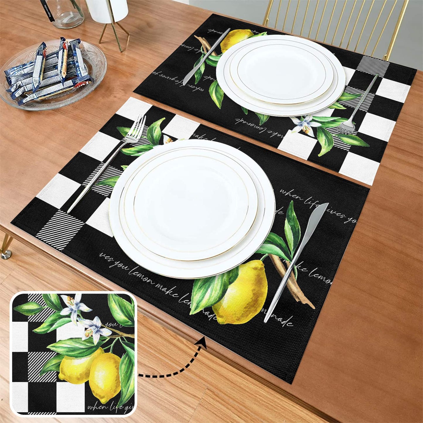 Placemats Set of 4, Yellow Lemon Non Slip Heat Resistant Linen Fabric Cotton Cloth Place Mats, Buffalo Plaid Black Square Washable Dining Table Mat for Summer Fall Rustic Farmhouse Home Kitchen Decor