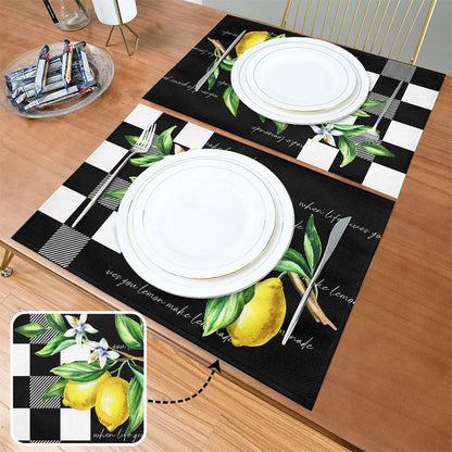 Placemats Set of 4, Yellow Lemon Non Slip Heat Resistant Linen Fabric Cotton Cloth Place Mats, Buffalo Plaid Black Square Washable Dining Table Mat for Summer Fall Rustic Farmhouse Home Kitchen Decor