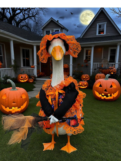 YLYGJGL Halloween Witch Porch Goose Costume - 23" Cement Plastic Goose Statue Outfit Clothing with Hat & Broom, Funny Fall Geese Shirt Decor for Outdoor Patio Lawn Yard Decoration