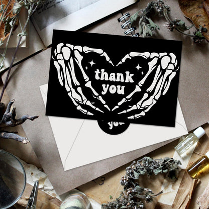 JarThenaAMCS 24Pcs Halloween Thank You Cards with Envelopes and Stickers Skeleton Hands Greeting Cards White Black Blank Note Cards for Halloween Party Supplies