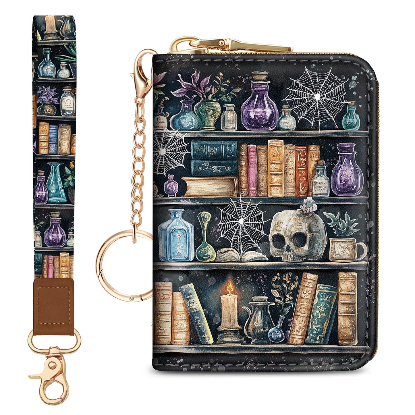 Credit Card Holder Small Wallets Woman, Goth Gothic RFID Wallet Keychain Wristlet for Women Zipper Lanyard, Funny Skull Bookshelf PU Leather Accordion Card Case Organizer Purse Witchy Gifts Ladies