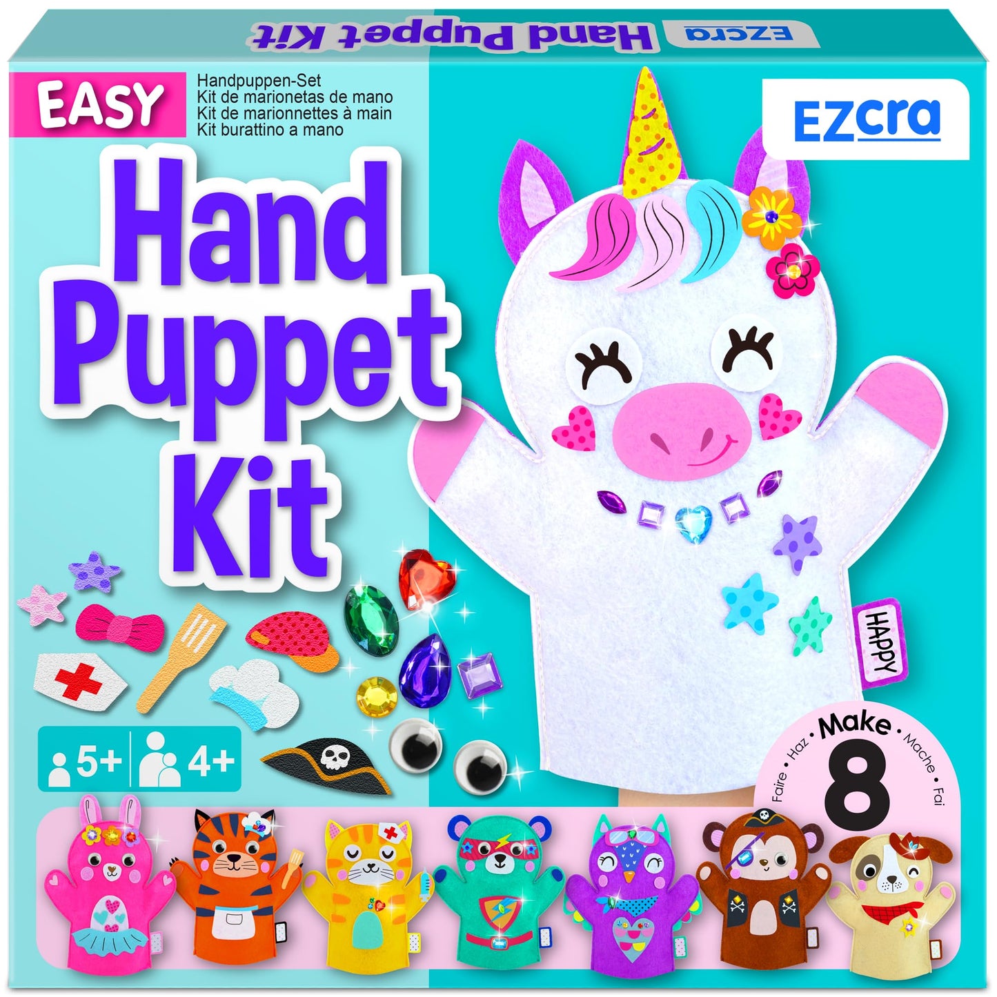 EZCRA Unicorn Hand Puppet Making Kit for Kids Age 5-8 - DIY Puppet Making Craft Kit - Creative Arts & Crafts Set, Educational Gift - Pretend Play Toys - 8 Projects, Extra Stickers for Decoration