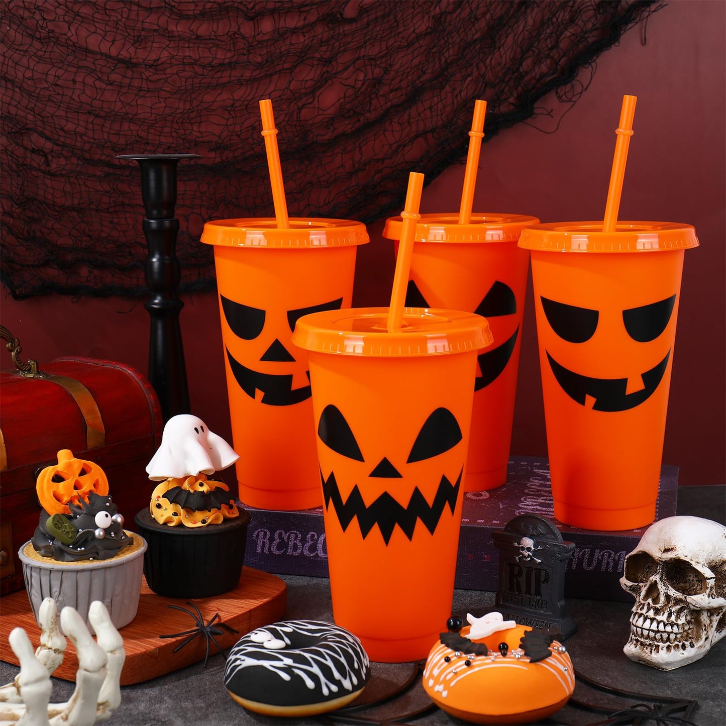 JarThenaAMCS 24Pcs Halloween Plastic Cups with Straws Lids Orange Pumpkin Plastic Tumbler Spooky Festive Cold Cups for Home Office Halloween Party Supplies