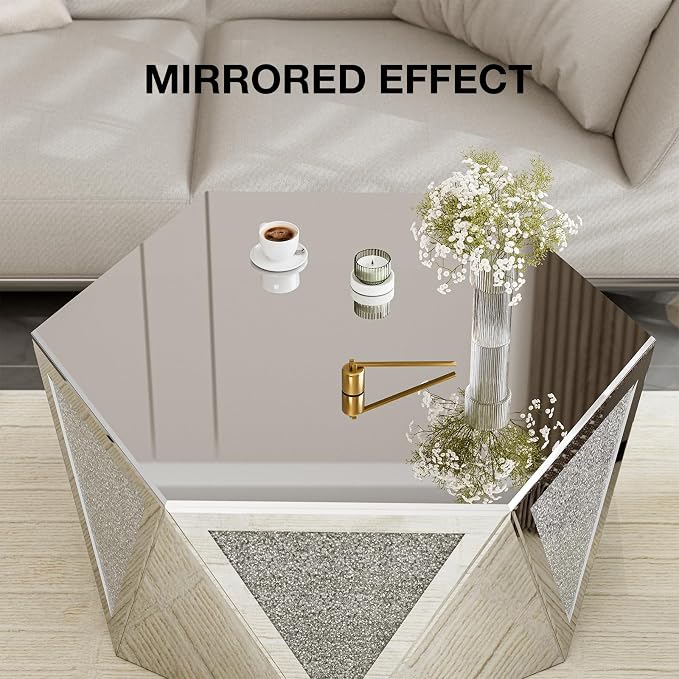 IKIFLY Mirrored Coffee Table with Crushed Diamond, Luxury Hexagon Silver Coffee Table, Living Room Table for Art Deco Office