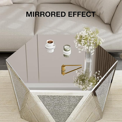 IKIFLY Mirrored Coffee Table with Crushed Diamond, Luxury Hexagon Silver Coffee Table, Living Room Table for Art Deco Office