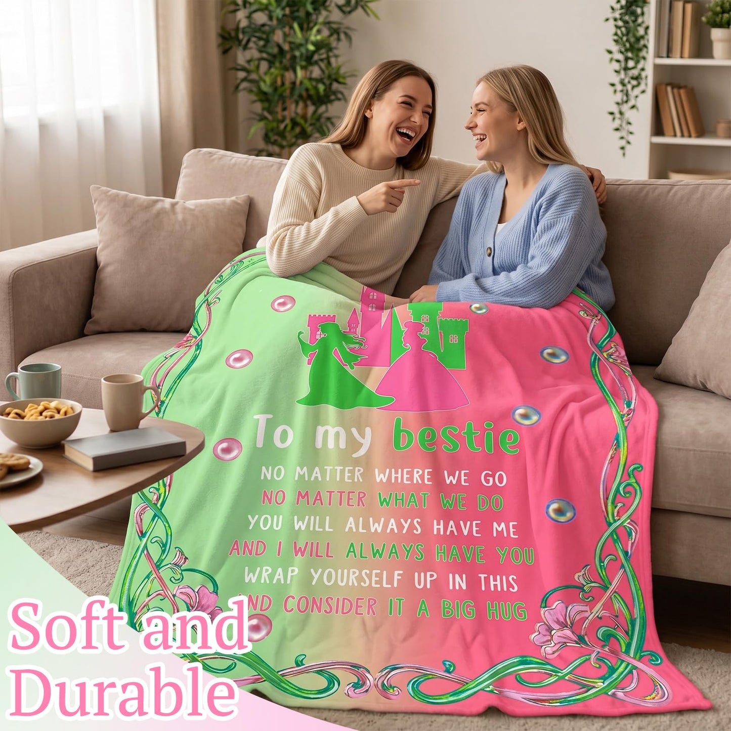 Hillsuren Witch Theme Blanket for Girls Pink and Green Throw Blanket to My Bestie Flannel Blankets 50 x 60 Inch Fun Witch Team Gifts for Women Christmas Halloween Thanksgiving Gift Decoration